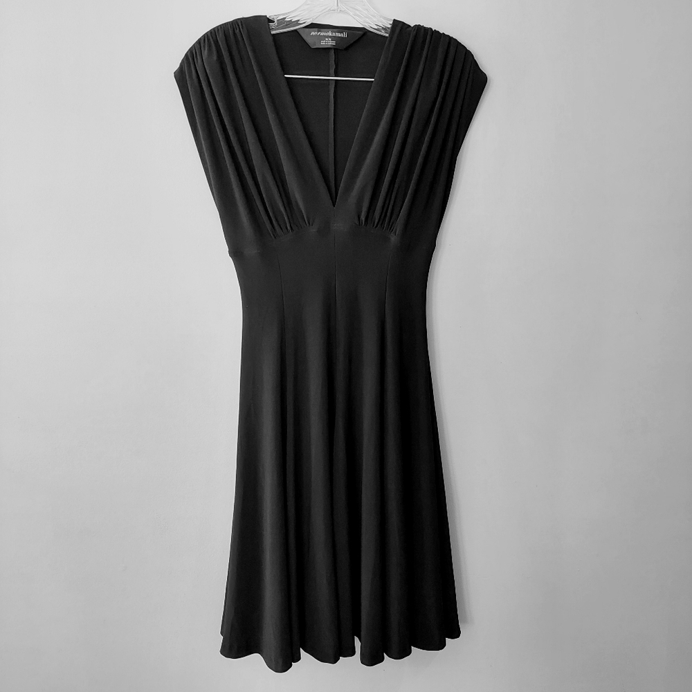 Norma Kamali Cocktail Dress Black Medium v-neck midi Empire Waist Sleeveless